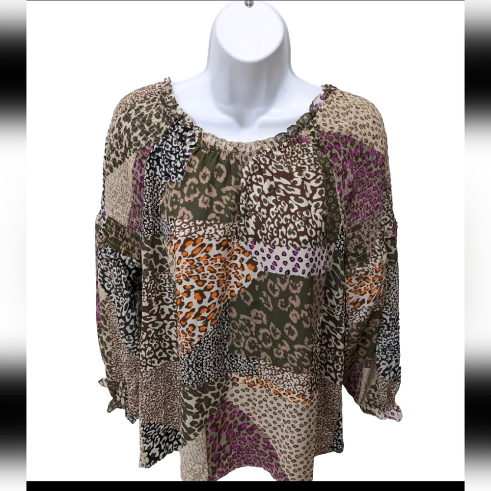 NWT est. 1946 Peasant Top Blouse Smocked Shoulder Patchwork Look Boho L Leopard